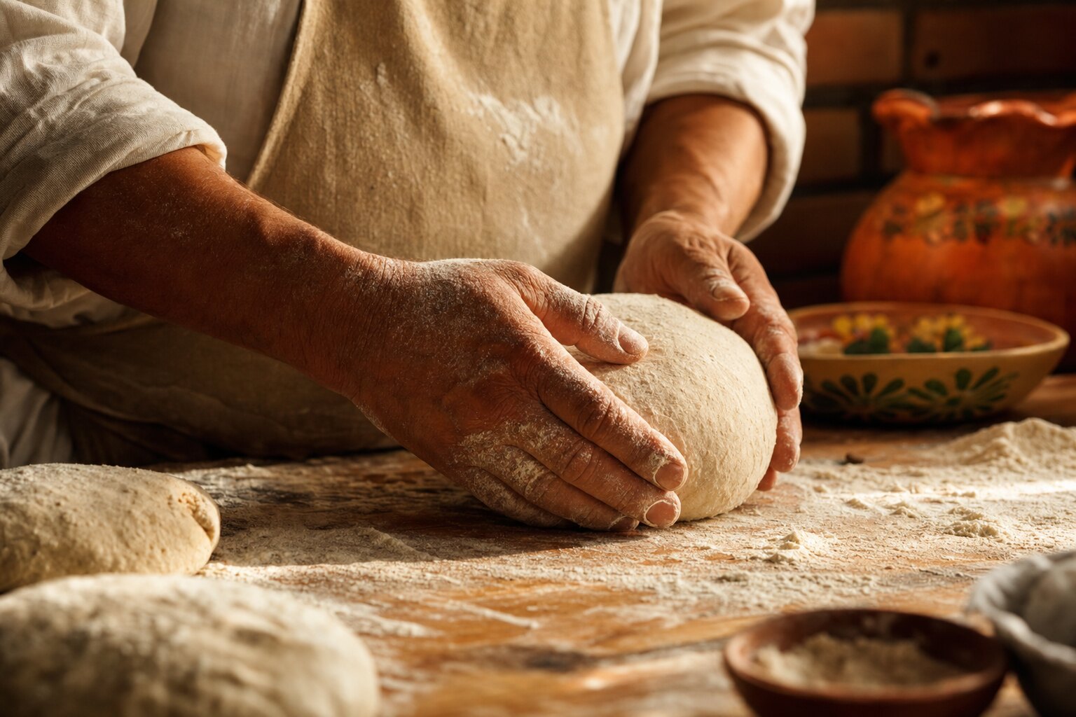 Las manos del panadero trabajando la masa fresca, cubiertas de harina, en la madrugada