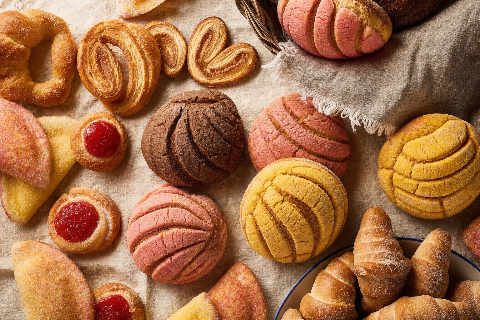 Conchas y orejas de pan dulce recién horneadas, acomodadas en flat lay
