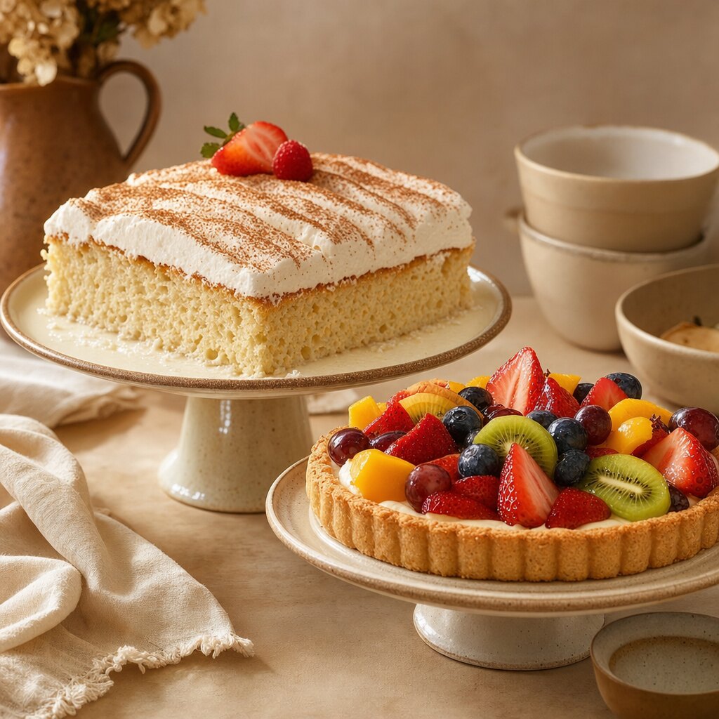 Pastel de tres leches y tarta de frutas de la pastelería de Paníssimo
